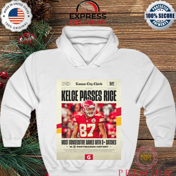 Most consecutive game with 3+ catches Kelce passes rice s hoodie
