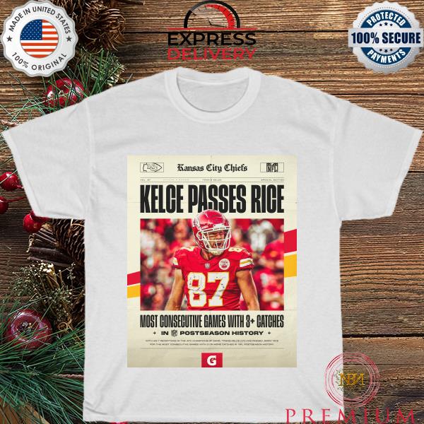 Most consecutive game with 3+ catches Kelce passes rice shirt